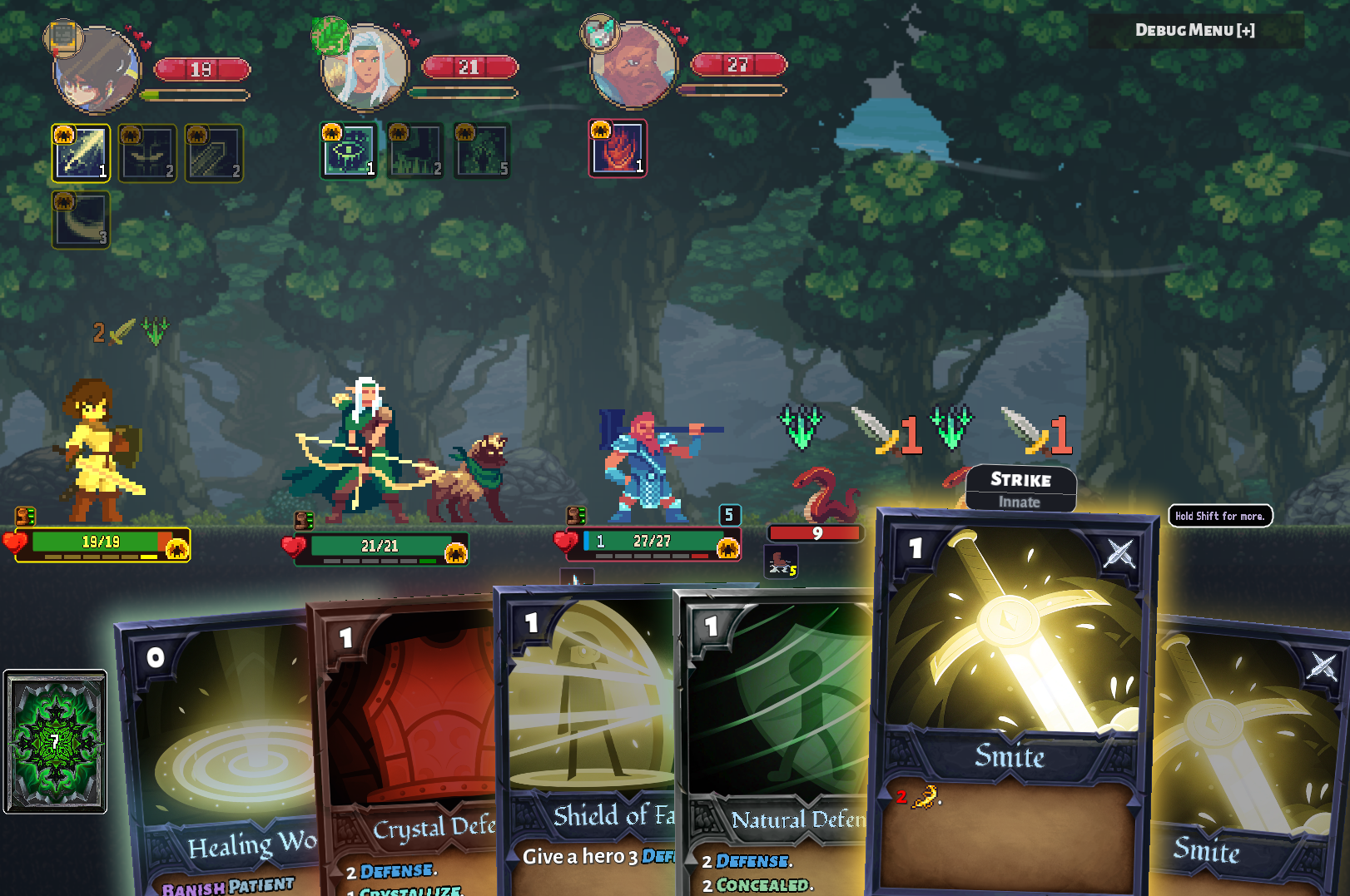 Into the Storm combat screen after the card clarity overhaul, with character-colour card signals and a highlighted associated hero